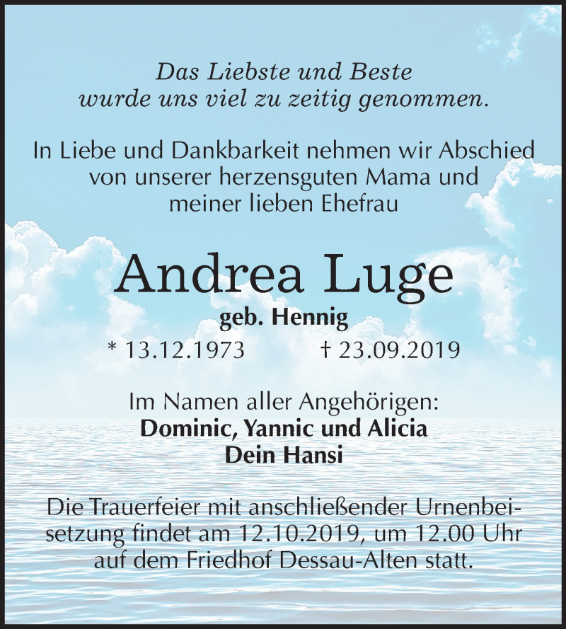  Traueranzeige für Andrea Luge vom 28.09.2019 aus Super Sonntag Dessau-Roßlau