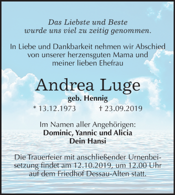 Traueranzeige von Andrea Luge von Super Sonntag Dessau-Roßlau