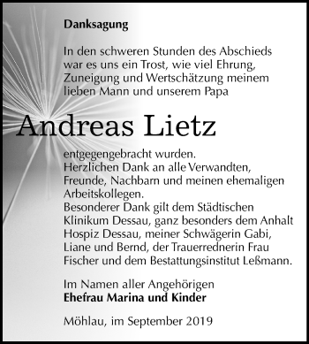 Traueranzeige von Andreas Lietz von Super Sonntag Wittenberg