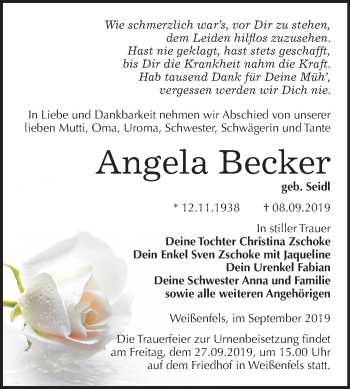 Traueranzeige von Angela Becker von Mitteldeutsche Zeitung Weißenfels