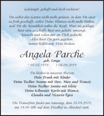 Traueranzeige von Angela Parche von Super Sonntag Wittenberg