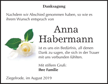 Traueranzeige von Anna Habermann von Mitteldeutsche Zeitung Mansfelder Land
