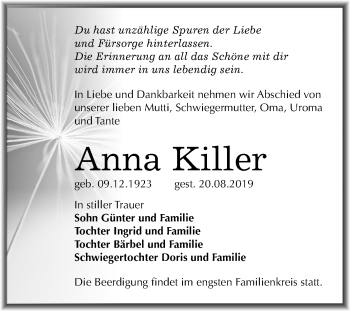 Traueranzeige von Anna Killer von Mitteldeutsche Zeitung Merseburg/Querfurt