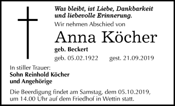 Traueranzeige von Anna Köcher von Mitteldeutsche Zeitung Halle/Saalkreis