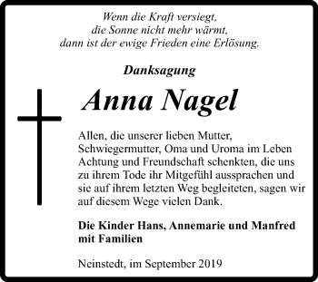 Traueranzeige von Anna Nagel von Super Sonntag Quedlinburg
