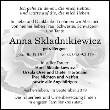 Traueranzeige von Anna Skladnikiewicz von Super Sonntag Aschersleben