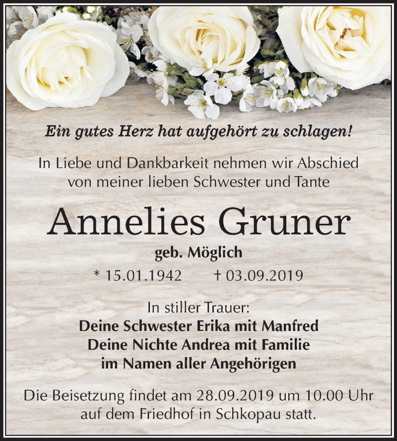  Traueranzeige für Annelies Gruner vom 21.09.2019 aus Super Sonntag Merseburg/Querfurt