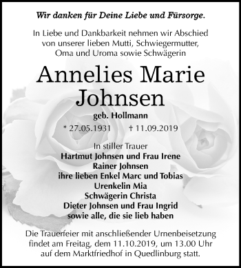 Traueranzeige von Annelies Marie Johnsen von Mitteldeutsche Zeitung Quedlinburg