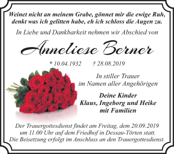 Traueranzeige von Anneliese Berner von Super Sonntag Dessau-Roßlau