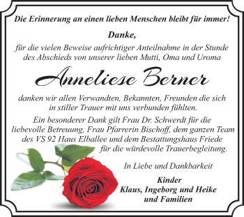Traueranzeige von Anneliese Berner von Mitteldeutsche Zeitung Dessau-Roßlau