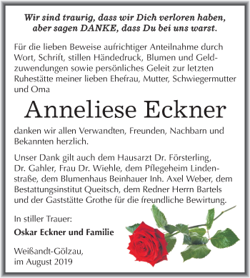Traueranzeige von Anneliese Eckner von Super Sonntag Köthen