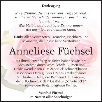 Traueranzeige von Anneliese Füchsel von Mitteldeutsche Zeitung Sangerhausen