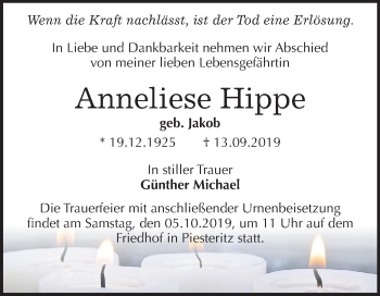 Traueranzeige von Anneliese Hippe von Super Sonntag Wittenberg