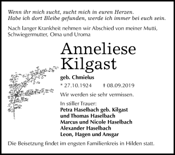 Traueranzeige von Anneliese Kilgast von Mitteldeutsche Zeitung Dessau-Roßlau