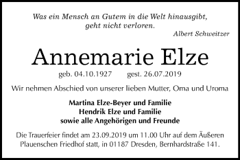 Traueranzeige von Annemarie Elze von Mitteldeutsche Zeitung Dessau-Roßlau