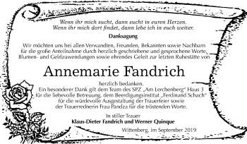 Traueranzeige von Annemarie Fandrich von Mitteldeutsche Zeitung Wittenberg