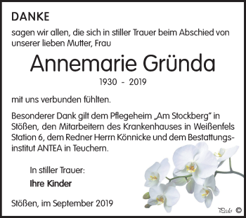 Traueranzeige von Annemarie Gründa von Mitteldeutsche Zeitung Weißenfels
