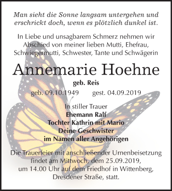 Traueranzeige von Annemarie Hoehne von Mitteldeutsche Zeitung Wittenberg