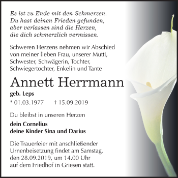 Traueranzeige von Annett Herrmann von Mitteldeutsche Zeitung Wittenberg