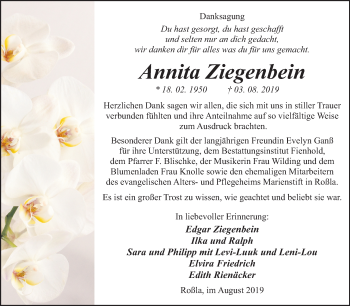 Traueranzeige von Annita Ziegenbein von Super Sonntag Sangerhausen