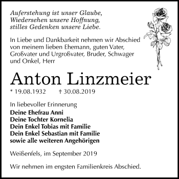 Traueranzeige von Anton Linzmeier von Wochenspiegel Weißenfels