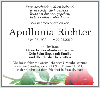 Traueranzeige von Apollonia Richter von Super Sonntag Wittenberg