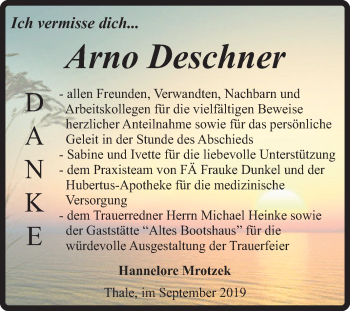 Traueranzeige von Arno Deschner von Mitteldeutsche Zeitung Quedlinburg