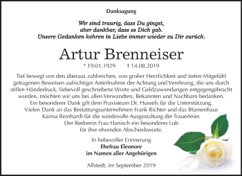 Traueranzeige von Artur Brenneiser von Super Sonntag Sangerhausen