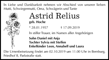 Traueranzeige von Astrid Relius von Super Sonntag Bernburg