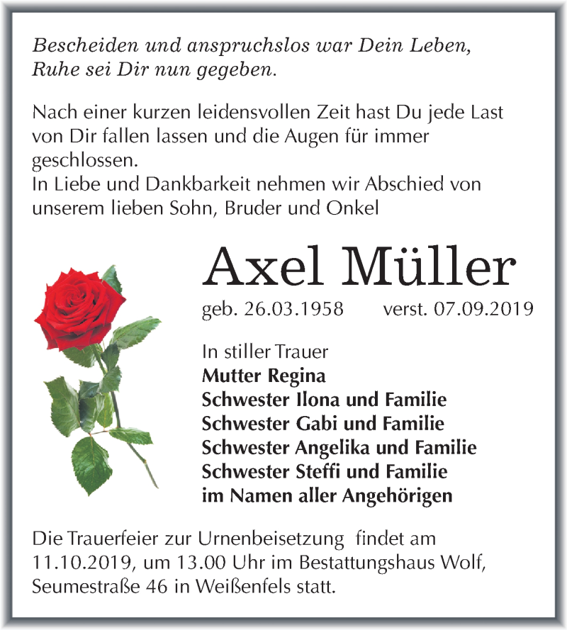  Traueranzeige für Axel Müller vom 18.09.2019 aus Wochenspiegel Weißenfels