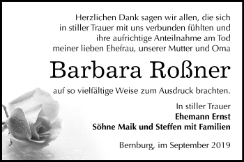 Traueranzeige von Barbara Roßner von Super Sonntag Bernburg