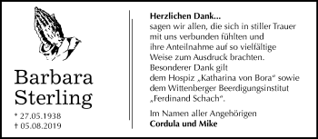 Traueranzeige von Barbara Sterling von Super Sonntag Wittenberg