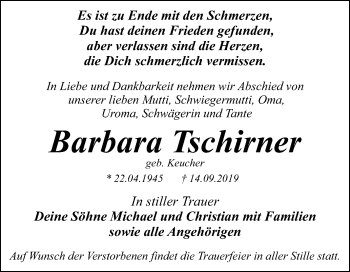 Traueranzeige von Barbara Tschirner von Super Sonntag Dessau-Roßlau