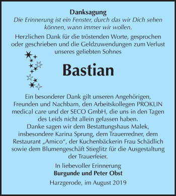 Traueranzeige von Bastian  von Super Sonntag Quedlinburg