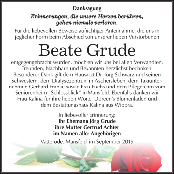 Traueranzeige von Beate Grude von Mitteldeutsche Zeitung Mansfelder Land