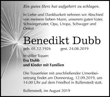 Traueranzeige von Benedikt Dubb von Wochenspiegel Quedlinburg