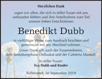 Traueranzeige von Benedikt Dubb von Mitteldeutsche Zeitung Quedlinburg