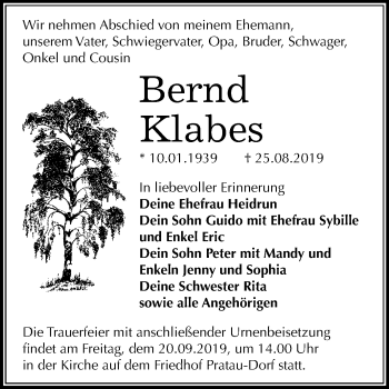 Traueranzeige von Bernd Klabes von Super Sonntag Wittenberg