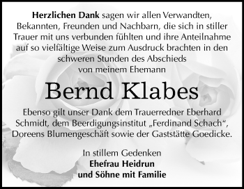 Traueranzeige von Bernd Klabes von Super Sonntag Wittenberg