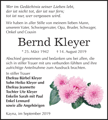 Traueranzeige von Bernd Kleyer von Mitteldeutsche Zeitung Zeitz