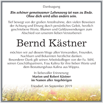 Traueranzeige von Bernd Kästner von Super Sonntag Mansfelder Land