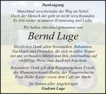 Traueranzeige von Bernd Luge von Super Sonntag Wittenberg