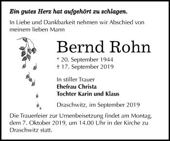 Traueranzeige von Bernd Rohn von Super Sonntag Zeitz