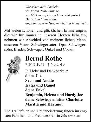 Traueranzeige von Bernd Rothe von Super Sonntag Mansfelder Land