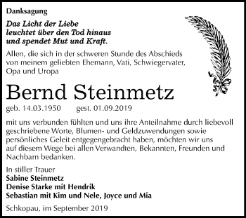 Traueranzeige von Bernd Steinmetz von Super Sonntag Merseburg/Querfurt