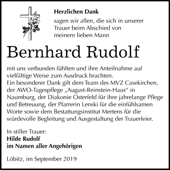 Traueranzeige von Bernhard Rudolf von Wochenspiegel Naumburg/Nebra