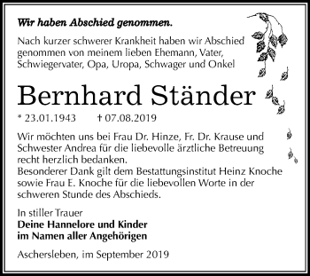 Traueranzeige von Bernhard Ständer von Mitteldeutsche Zeitung Aschersleben