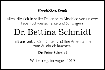 Traueranzeige von Bettina Schmidt von Mitteldeutsche Zeitung Wittenberg