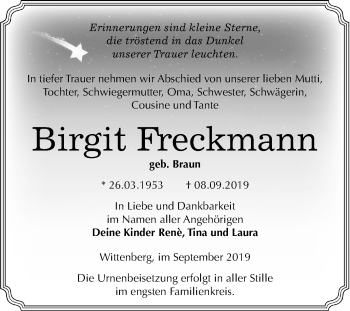 Traueranzeige von Birgit Freckmann von Mitteldeutsche Zeitung Wittenberg