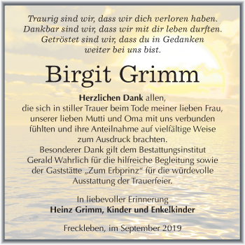 Traueranzeige von Birgit Grimm von Super Sonntag Aschersleben / Mansfelder Land